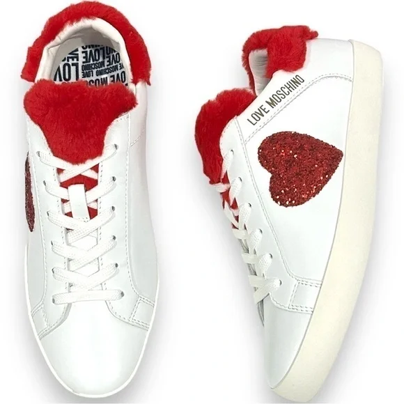 Love Moschino Logo Glitter-Red Heart With Red Faux Fur detail low-top sneaker - Picture 6 of 16